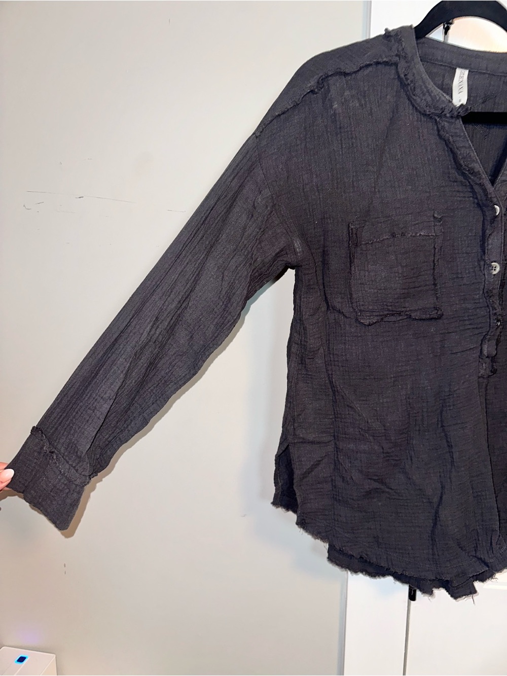 Zenana Size Small Washed Charcoal Long-Sleeve Henley Top - Picture 3 of 10
